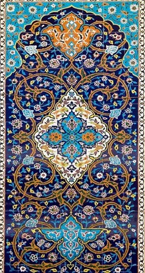 Persian tile panel in deep blue, turquoise and clay orange