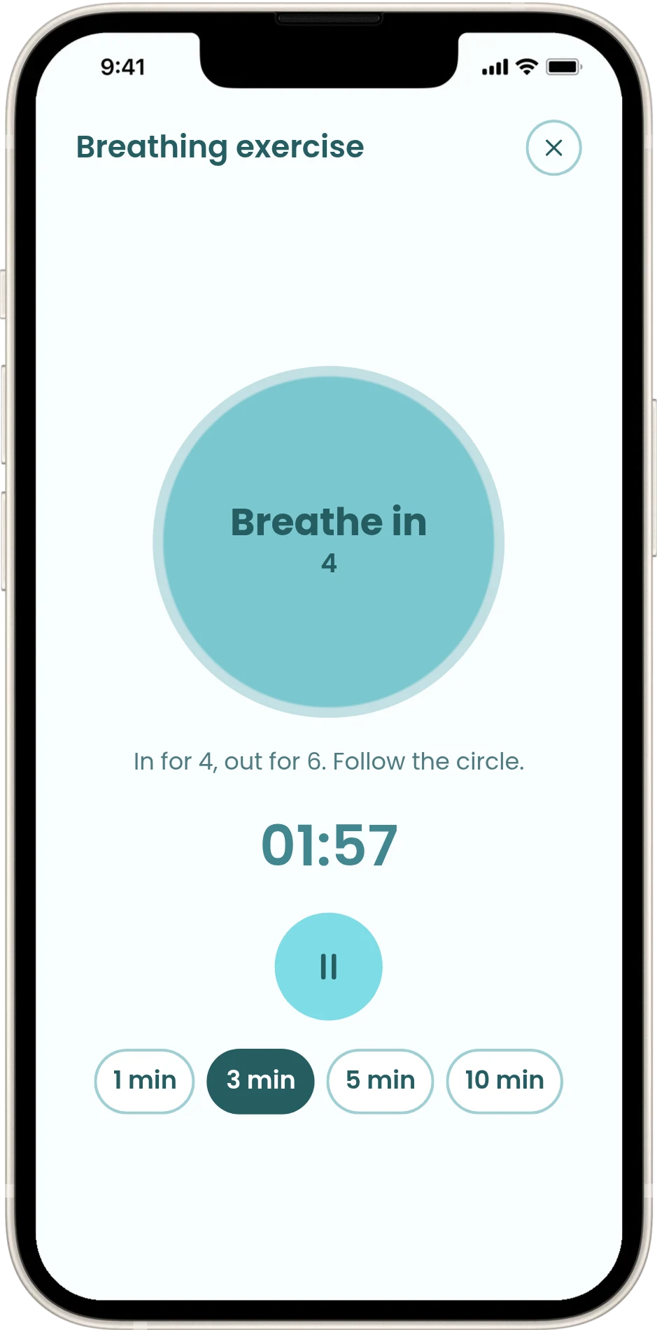 Breathing exercise saying Breathe in, with 1, 3, 5 and 10 minute options