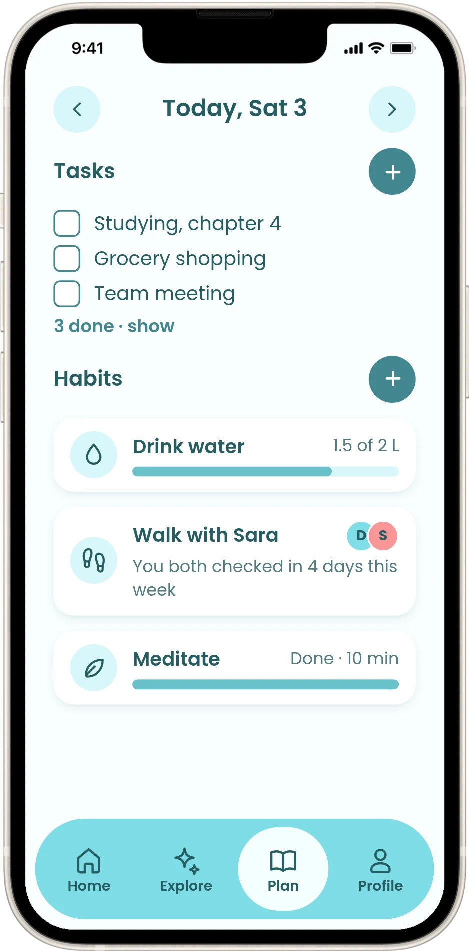 Plan with tasks and habits, including Walk with Sara