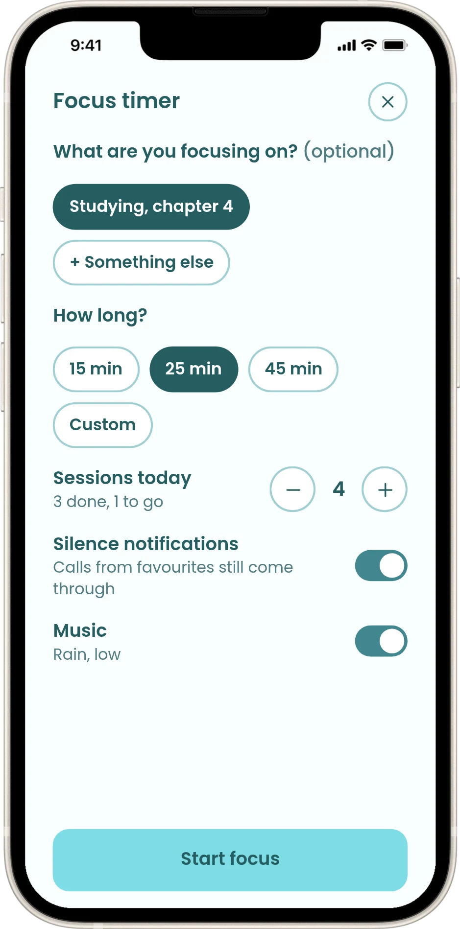 Focus setup with task, length, sessions and silence notifications