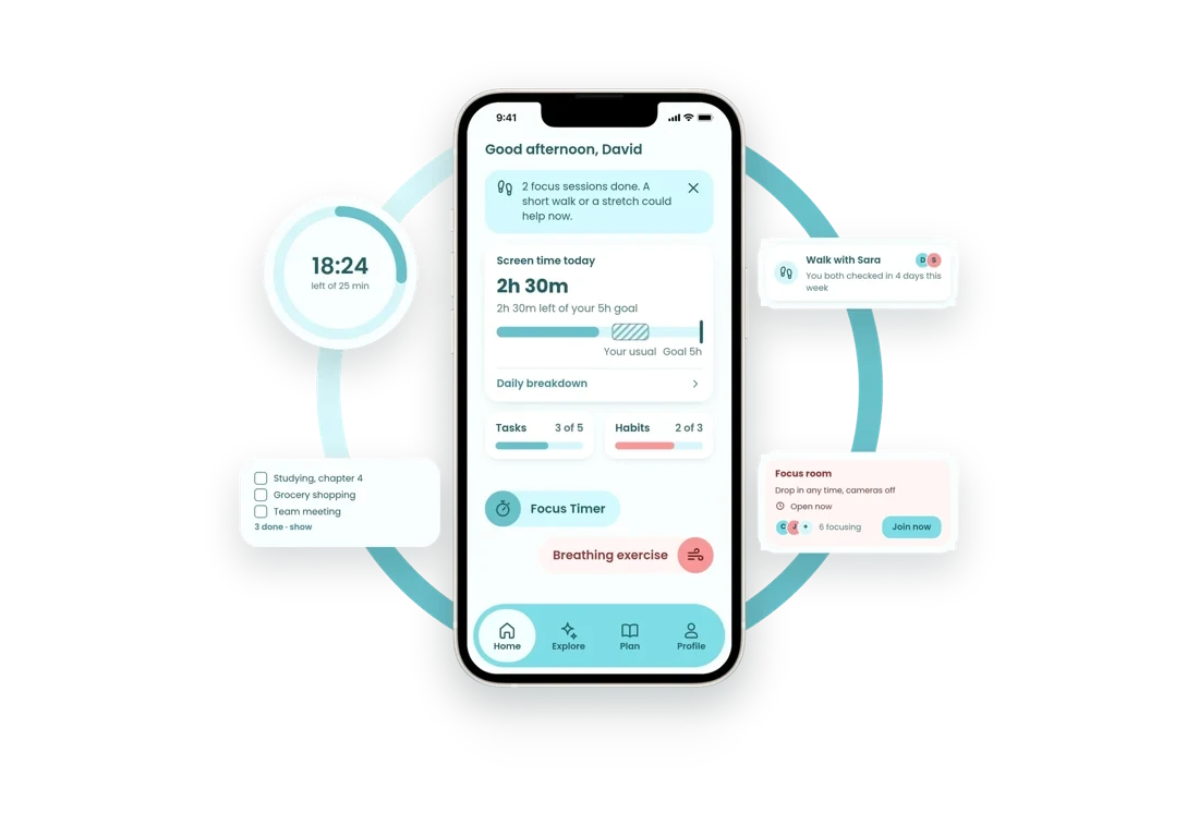 FocusSphere Home on a phone inside a teal focus ring