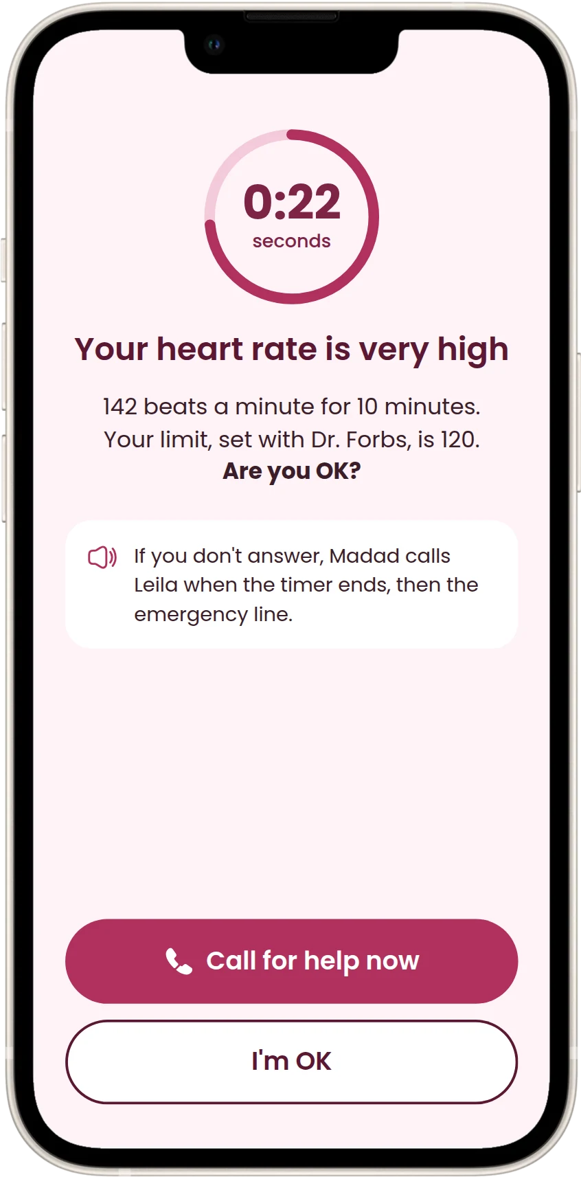 Your heart rate is very high, 142 against a limit of 120. Are you OK? with a 30 second timer