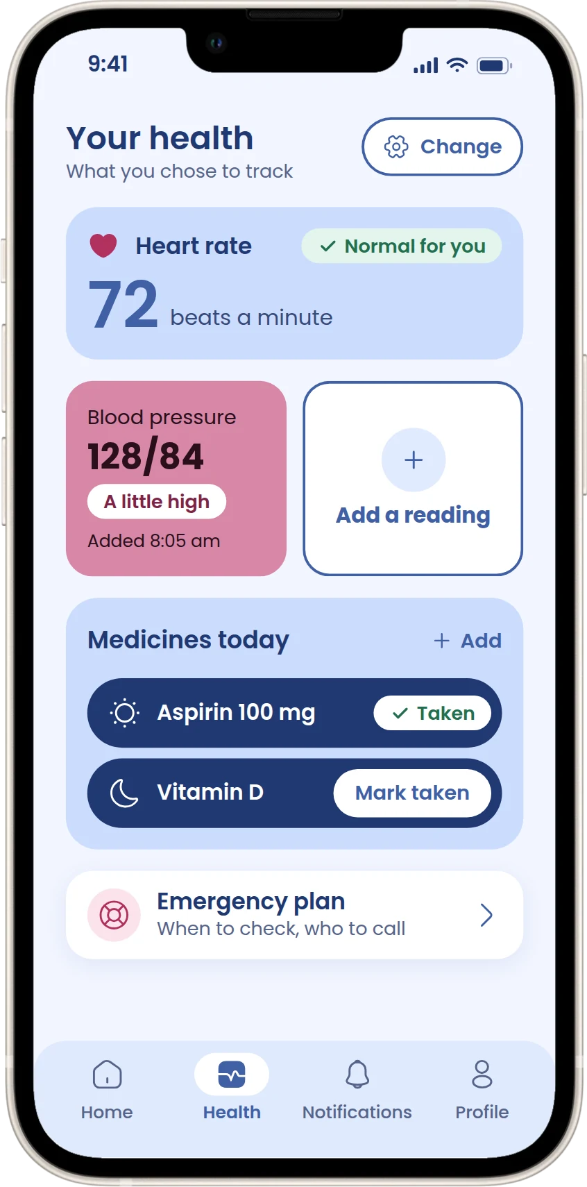 Your health: heart rate normal for you, blood pressure, add a reading, today's medicines