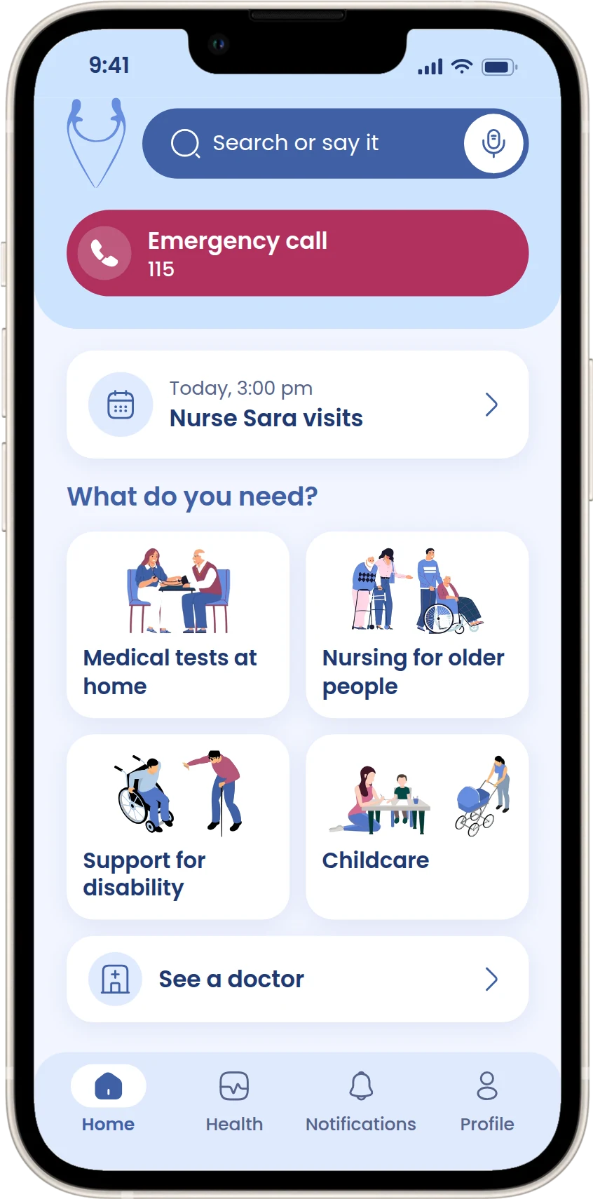 Home with an emergency call button, today's visit, four kinds of care and See a doctor