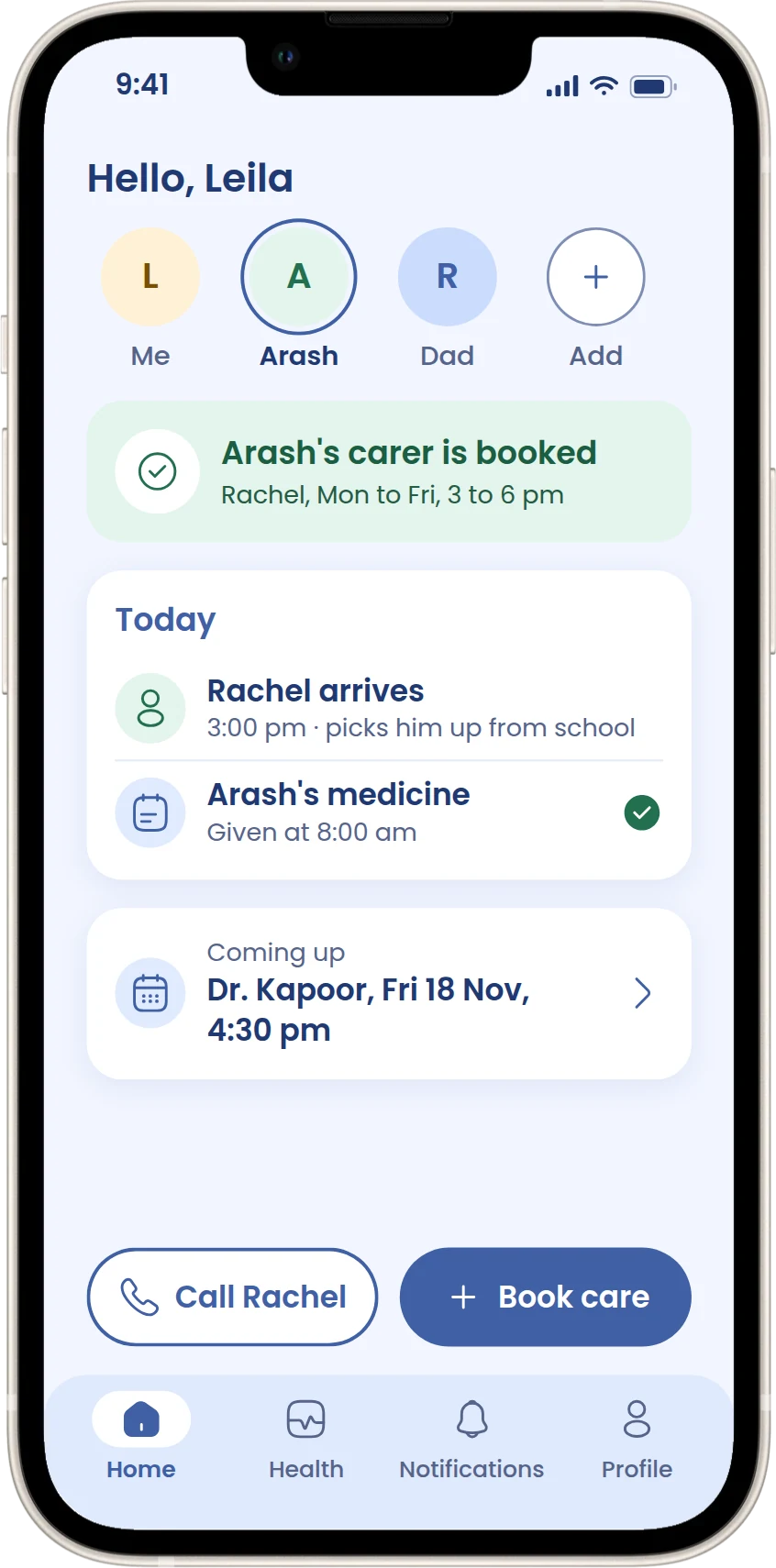 Leila's Home switched to Arash, showing his carer and medicine