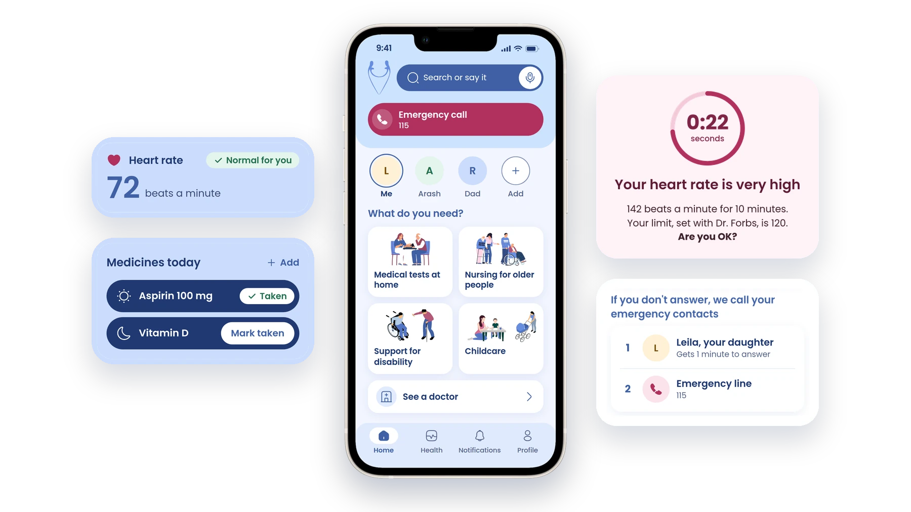 Leila's Home, with her son and dad in a row at the top, between her heart rate and medicines on one side and the Are you OK? alert and emergency contacts on the other