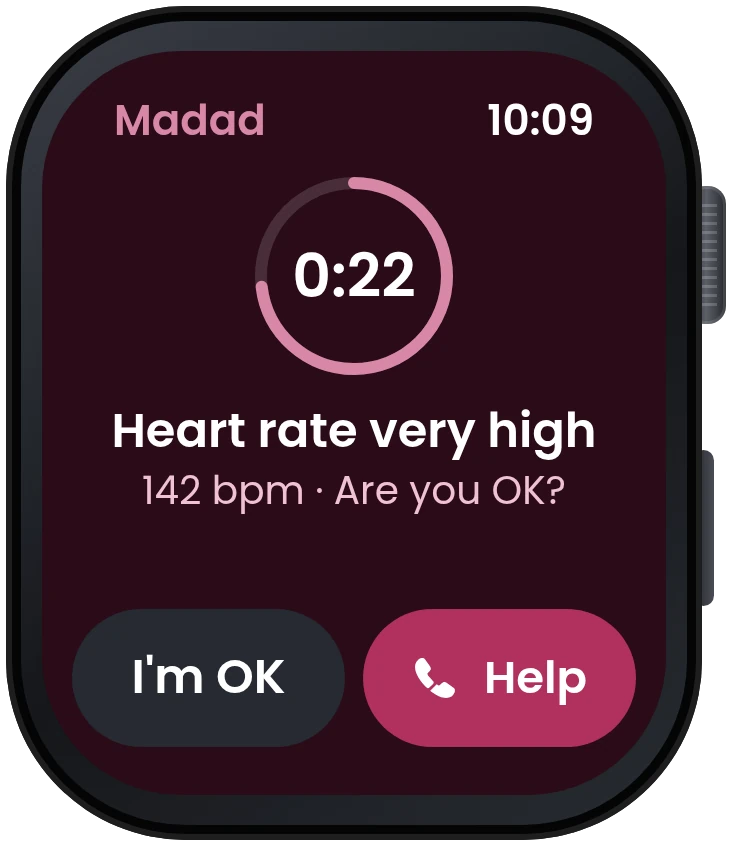 Are you OK? with a 22 second countdown, heart rate very high, and I'm OK and Help buttons