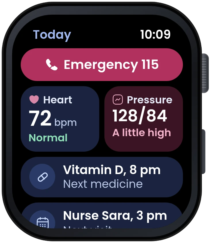 Main page: Emergency 115, heart rate 72 normal, blood pressure 128/84 a little high, next medicine and next visit