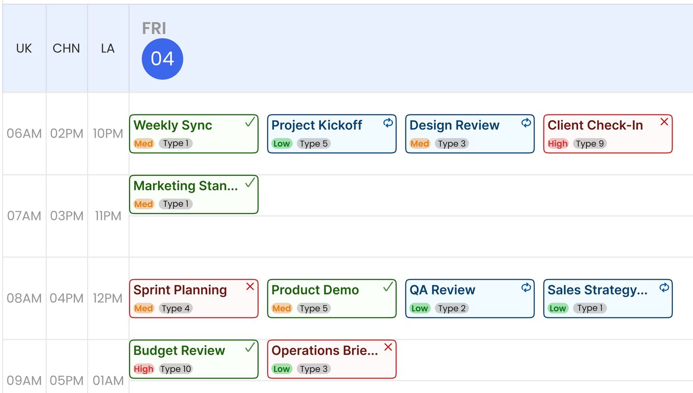 Close-up of the day view with UK, CHN and LA time columns beside status-coloured task cards