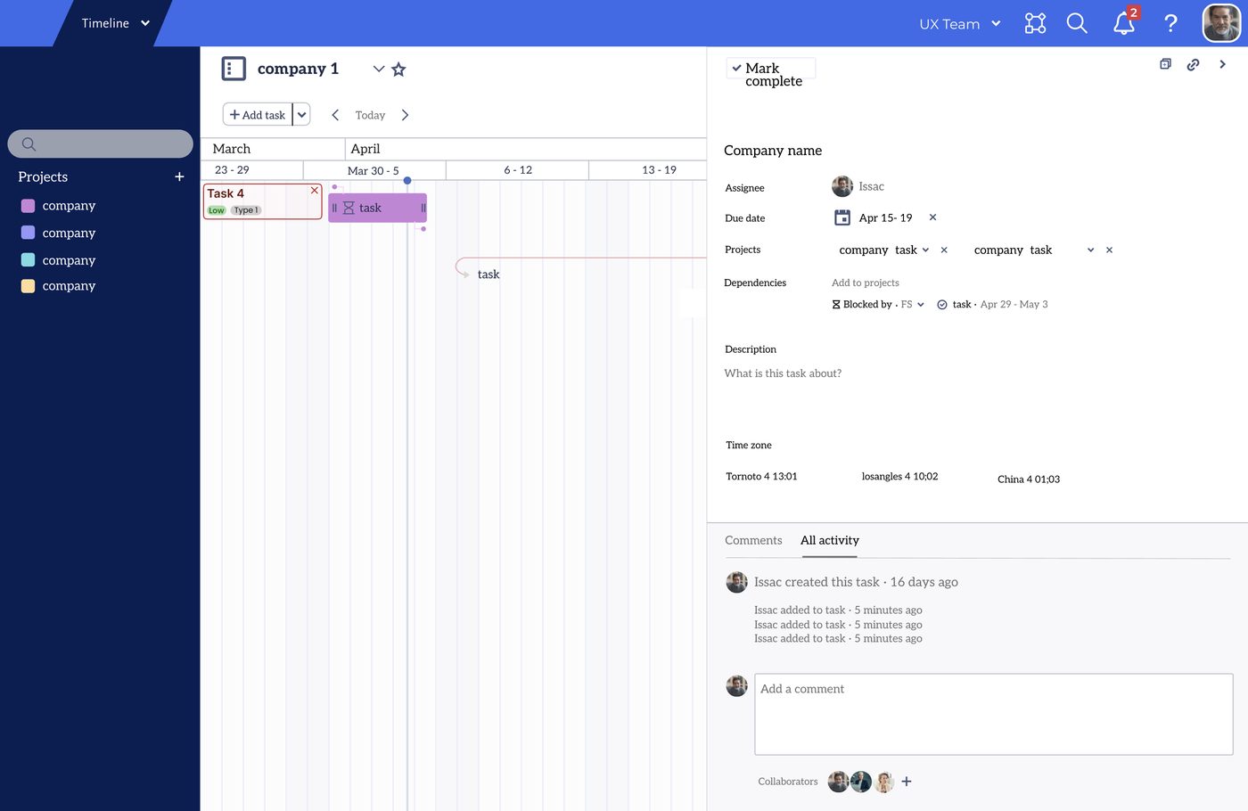Early task detail panel with assignee, due date, dependencies, time zones and activity