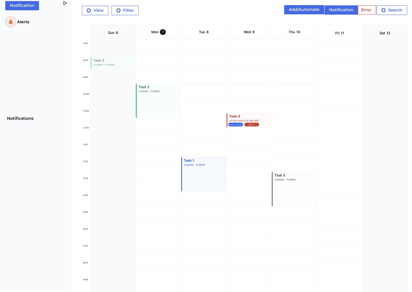 Early vertical week calendar concept with status-coloured tasks and an Error button