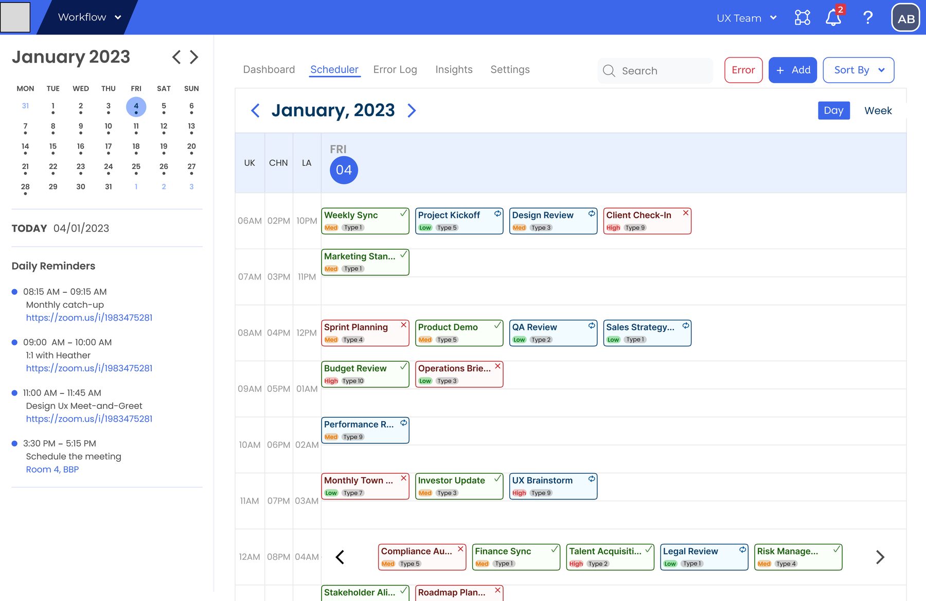 Day view of the scheduler with the 12am row outlined: it holds more jobs than fit, so it has arrows on each side