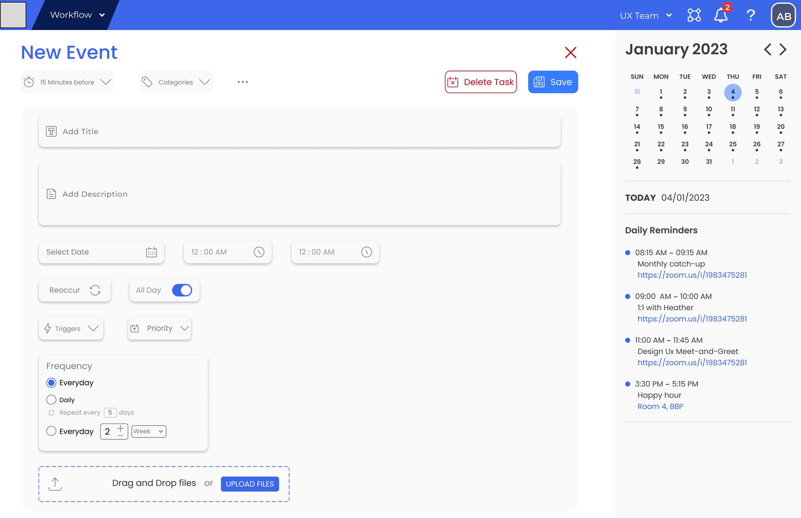New Event form with title, description, date and time, recurring, triggers, priority, frequency, upload, Delete Task and Save