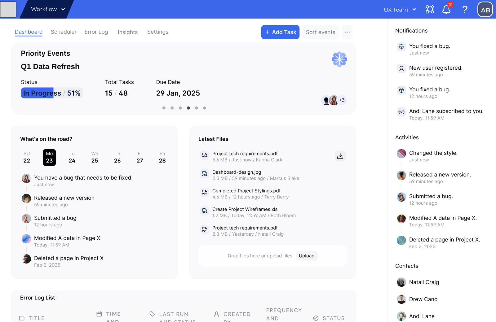 Dashboard with priority events, the week ahead, latest files, error log list, notifications and activity