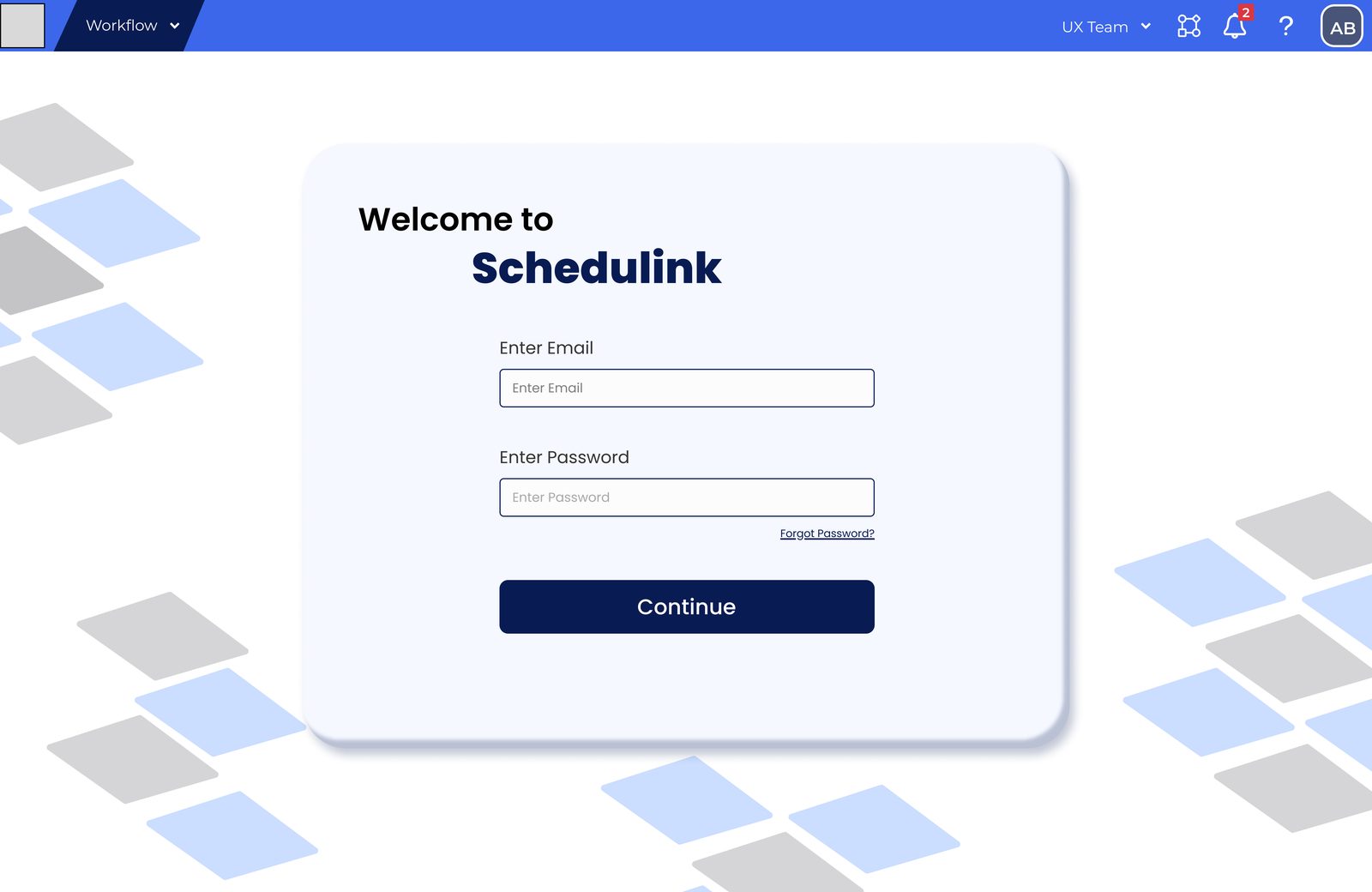 Log in screen for the scheduler with email and password fields